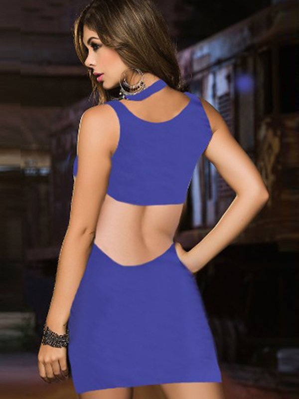 Sexy Ladies Hollow Out Mini Dress Blue
