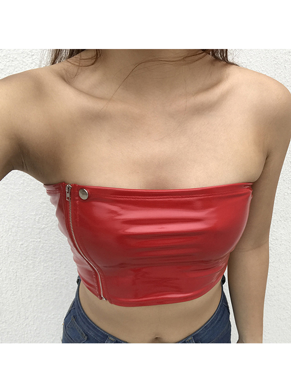 Women Strapless Zipper Leather PVC Top