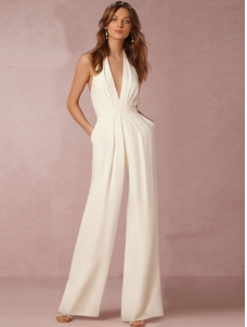 Halter V Neck Backless Wide-Leg Jumpsuit White