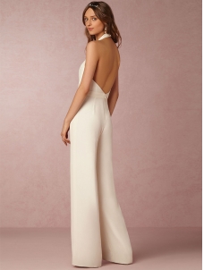 Halter V Neck Backless Wide-Leg Jumpsuit White