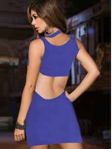 Sexy Ladies Hollow Out Mini Dress Blue