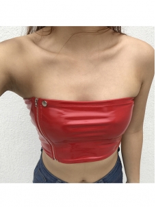 Women Strapless Zipper Leather PVC Top