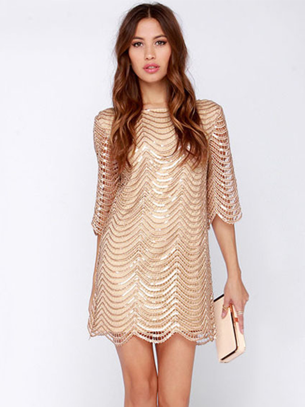 Cap Sleeve Tassel Sequin Dresses Apricot