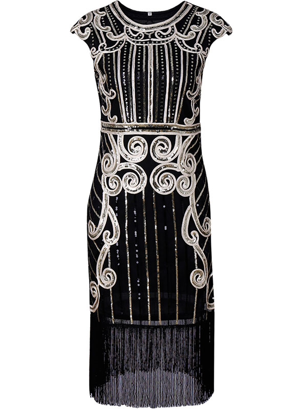 Elegant Cap Sleeve Tassel Sequin Dresses Black