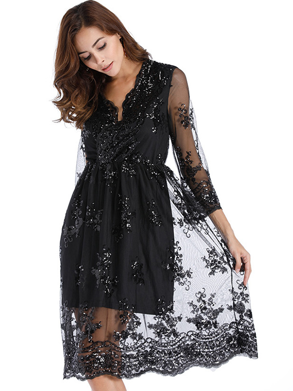 Half Sleeve Lace Sequin Dresses Black