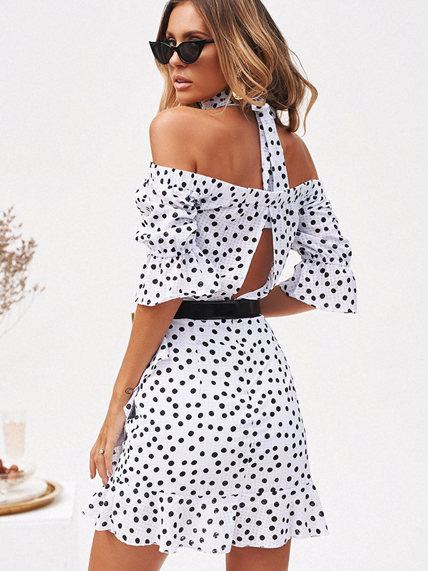 Off-Shoulder A-Line Dot Mini Dress