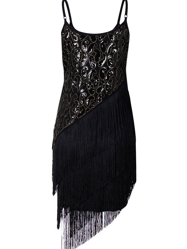 Spaghetti Strap Patchwork Sequin Dresses Black