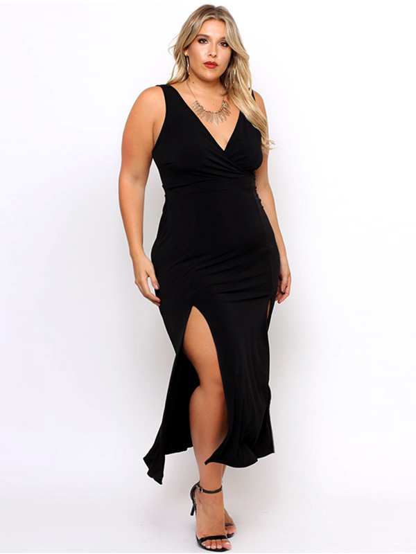 XL-3XL V Neck Maxi Plus Size Dress