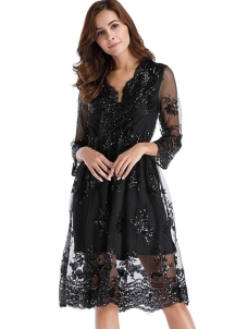 Half Sleeve Lace Sequin Dresses Black