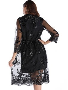 Half Sleeve Lace Sequin Dresses Black