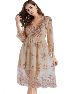 Half Sleeve Lace Sequin Dresses Golden