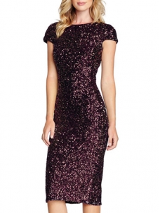 Short Sleeve Pencil Sequin Dresses Wine Red