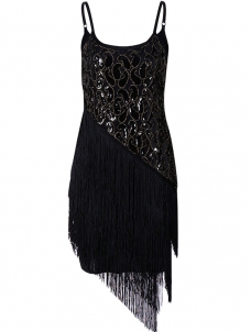 Spaghetti Strap Patchwork Sequin Dresses Black