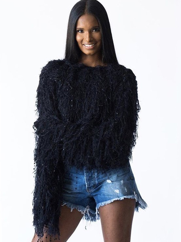 Women Fashion Knit Tassel Sweater Black