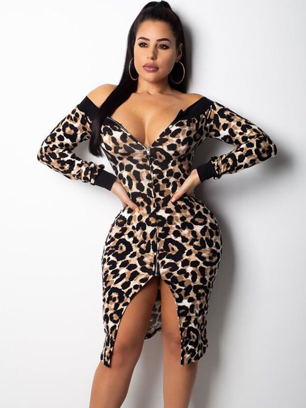 Women Sexy Leopard Pattern Off Shouder Dress