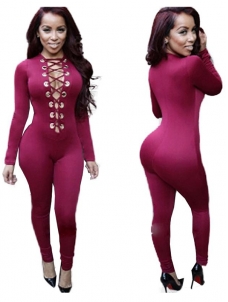 Deep V Neck Lace Up Jumpsuit Wine Red