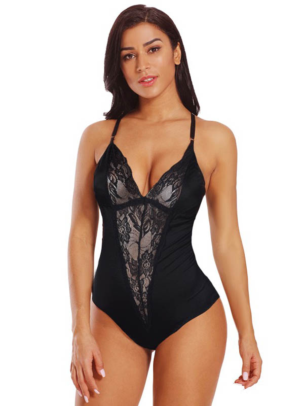Lace Detailed Straps Silk Teddy Black