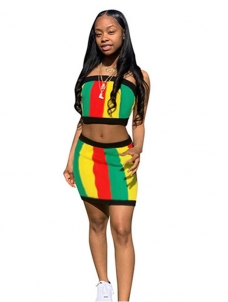 Off Shoulder Colorful Vertical Stripes Women Mini 2 Pcs Dress