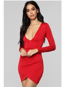 Red Long Sleeve Deep V Neck Women Mini Dress
