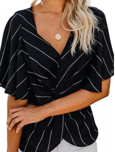 Women Black White Blue Twist Front V Neck Blouse