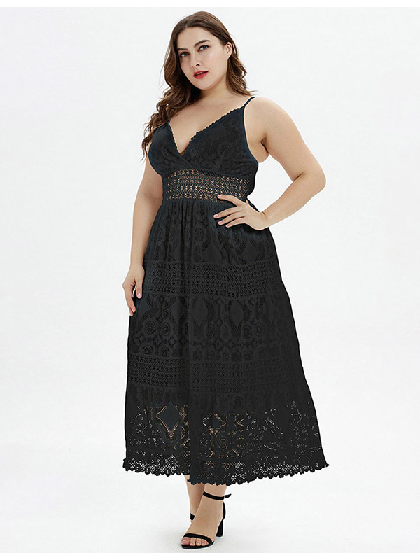 Vibrant V Collar Black White Waist Slim Plus Size Midi Dress Lace Simplicity