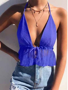 Excellent Open Back Tie Mesh Patchwork Halter Top Women