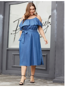 Feminine Blue Cold Shoulder Ruffle Plus Size Midi Dress Denim For Fashion