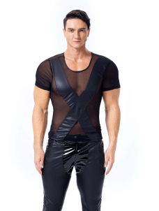 Men Transparent Short Sleeve Leather Tops