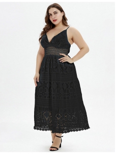 Vibrant V Collar Black White Waist Slim Plus Size Midi Dress Lace Simplicity