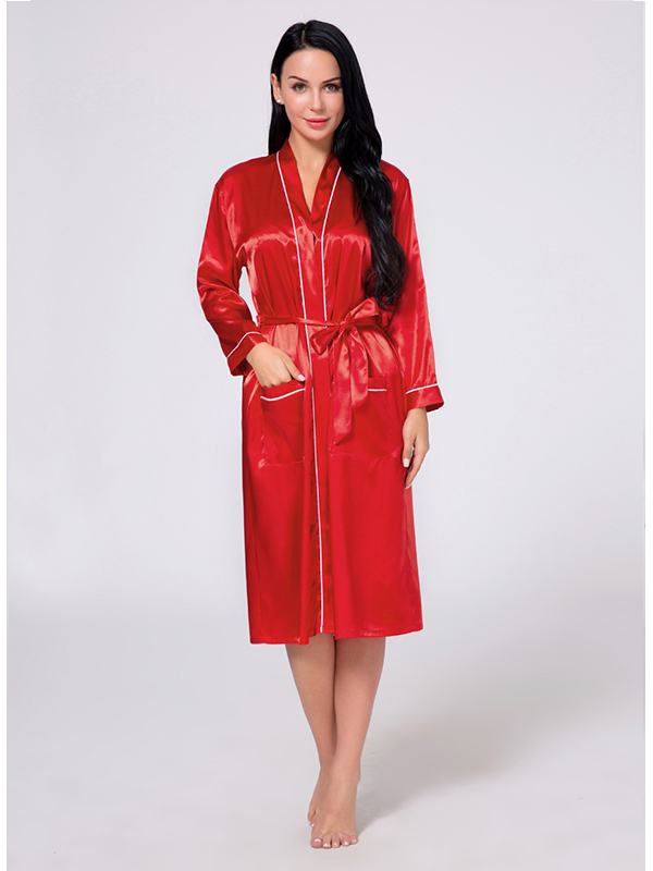 Long Sleeve Frill Satin Gown With Belt