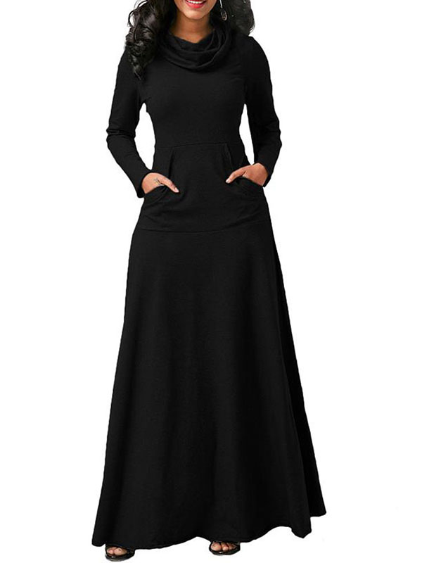 Women Solid Long Sleeve Causal Dress With Pocket