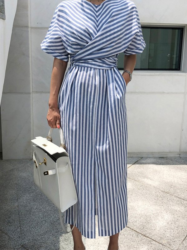 Women Summer Casual Blue Striped Dress