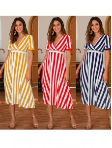 Short Sleeve V-neck Stripe Dress