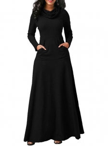 Women Solid Long Sleeve Causal Dress With Pocket