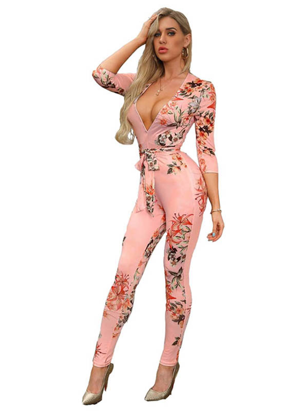 Casual Deep V Belted Printed Jumpsuit