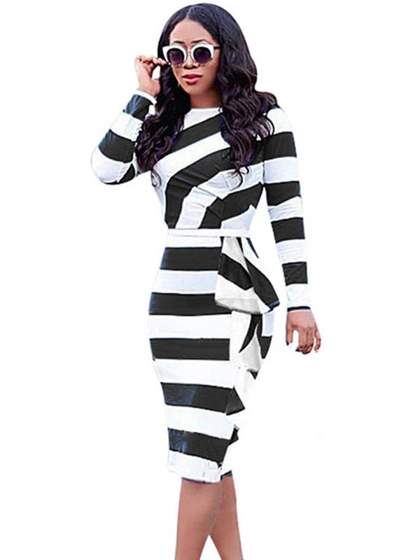 Casual Wide Stripe Ruffled Midi Dress