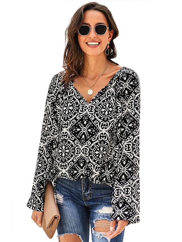 Long Sleeve V Neck Printed Chiffon Blouse