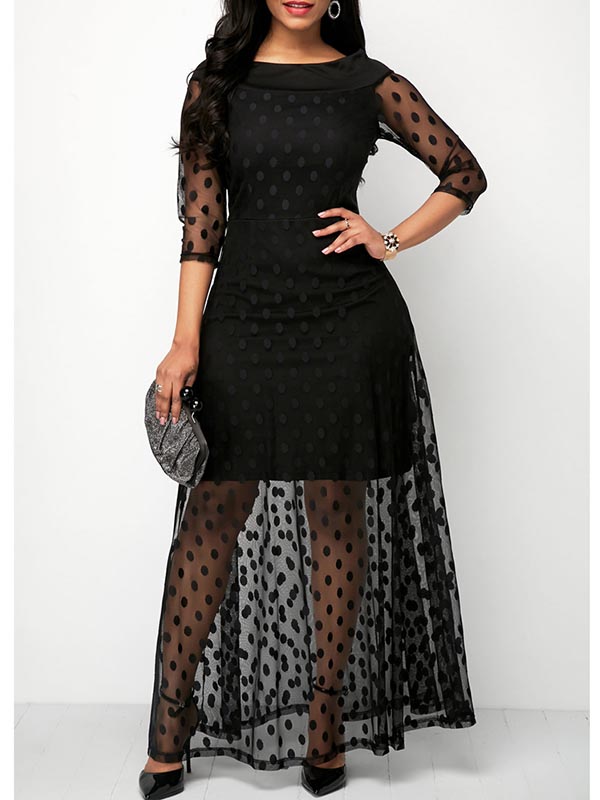 Women Black Elegant Lace Long Maxi Dress