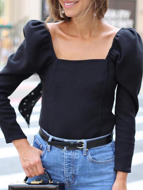 Women Black Long Puff Sleeve Tops