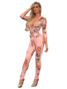 Casual Deep V Belted Printed Jumpsuit