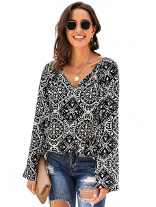 Long Sleeve V Neck Printed Chiffon Blouse