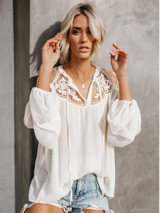 Mesh Lace Hook Flower Lantern Sleeve Tops