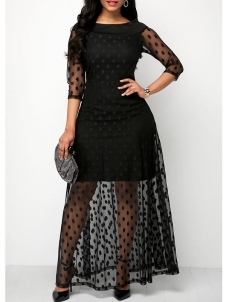 Women Black Elegant Lace Long Maxi Dress