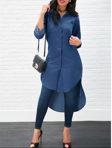 Women Blue Long Sleeve Shirt Blouses