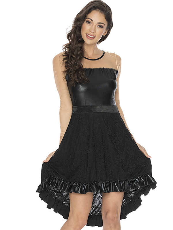 Black Mesh Insert Wetlook Party Dress