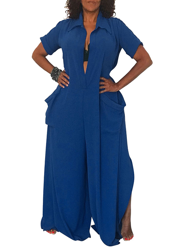 Blue Women Short Sleeve Jumpsuit