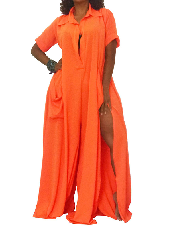 Orange Women Short Sleeve Jumpsuit