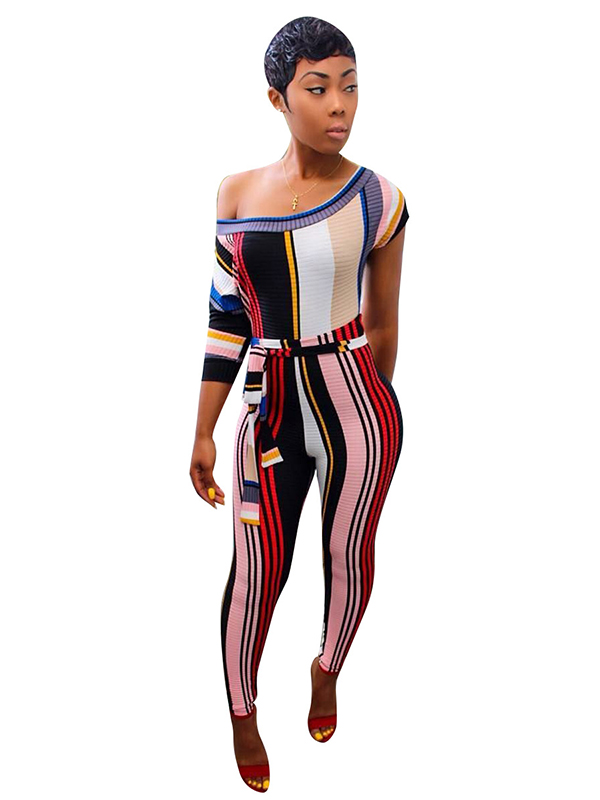 Women Strip Short Sleeve Jumpsuit