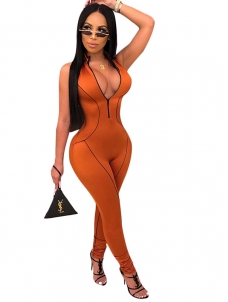 Orange Women Zipper Sleeveless Jumpsuit