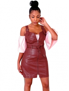 Red Sleeveless Vinyl Mini Dress With Belt